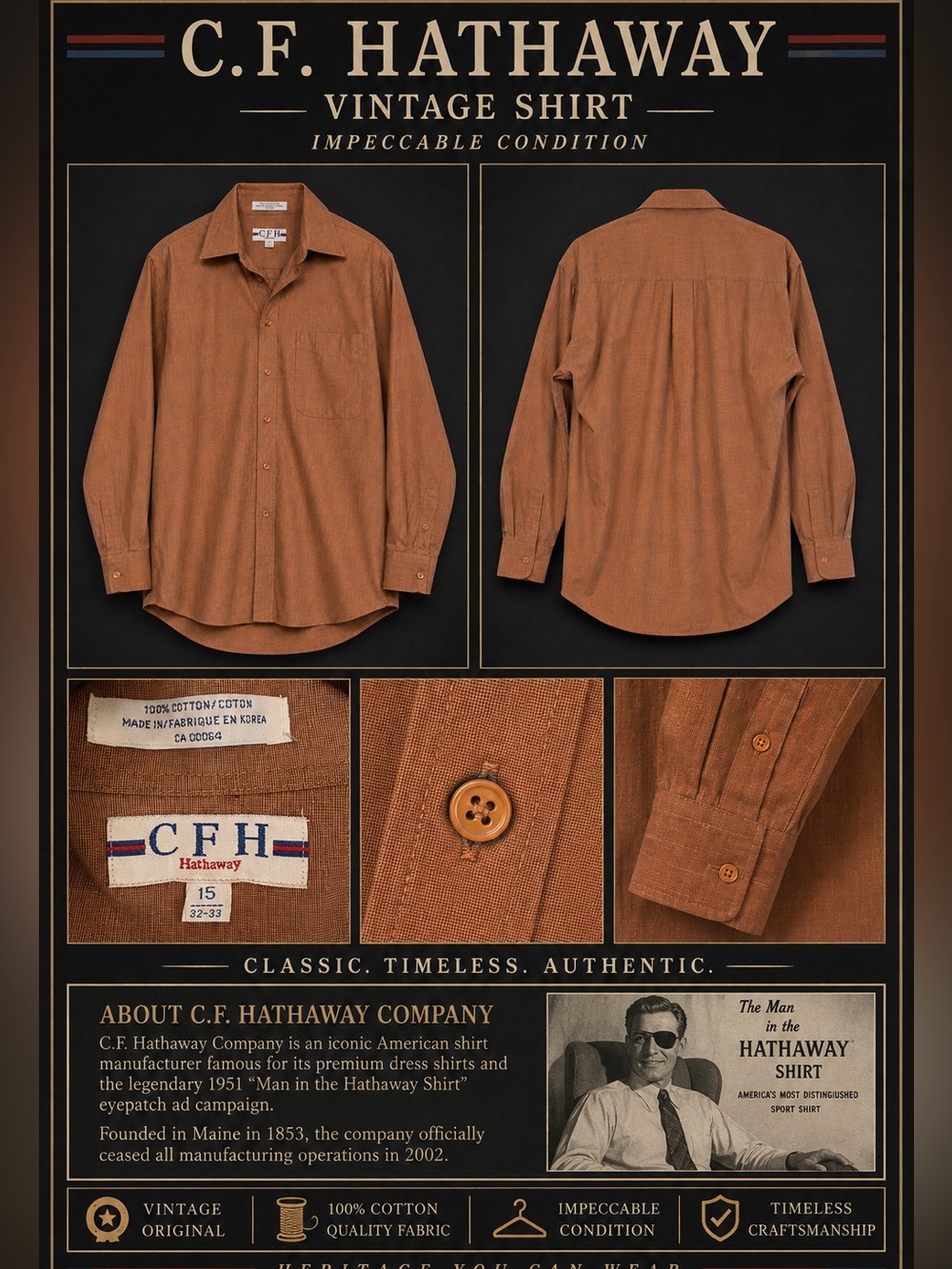 Vintage CFH Hathaway 100% Cotton Button-Up Shirt Brown Size 15 (32–33)